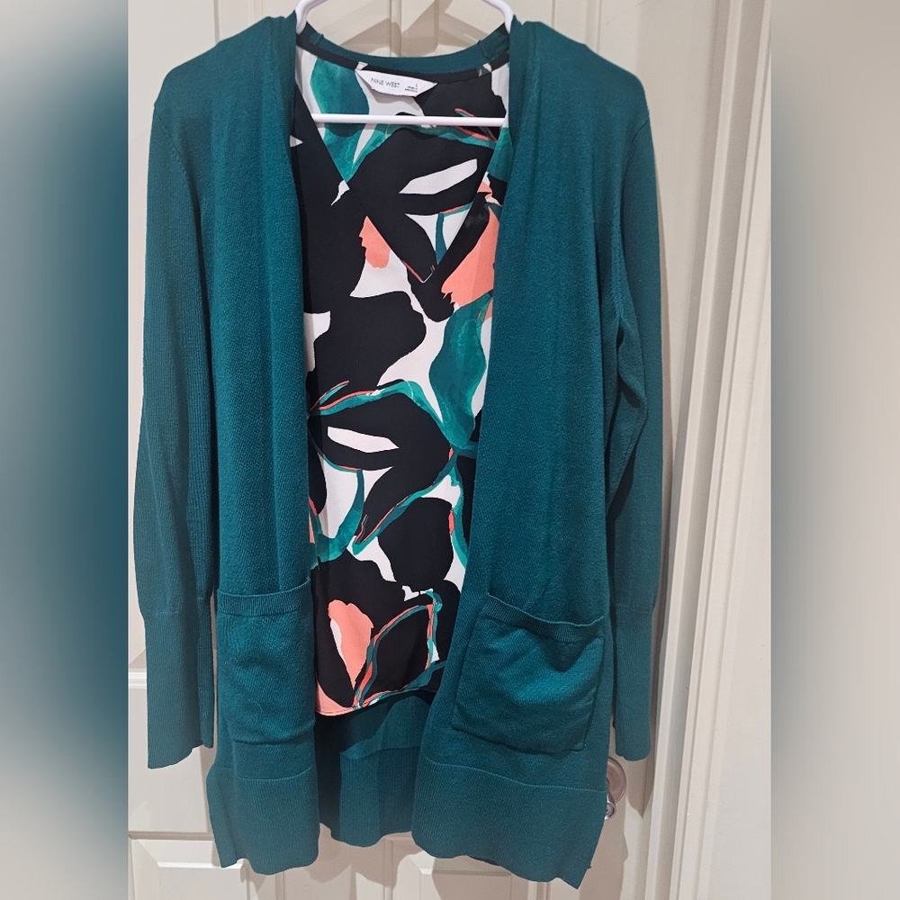 Nine West Teal Cardigan with Abstract Design Top